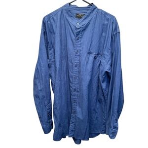 Lee Valley 55% linen blue color Band Collar Long Sleeve Button Up Casual‎ shirt